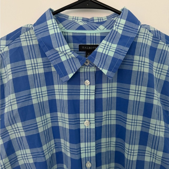 Talbots Blouse Womens Large Button Up Blue Plaid Long Sleeve Shirt 100% Cotton - Picture 2 of 6